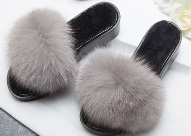 China Light Grey Genuine Fur Furry House Slippers Soft For Indoor / Ourdoor supplier