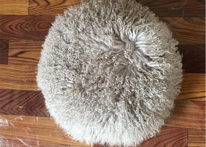 Long Hair Round Mongolian Fur Pillow Light Grey Smooth With
