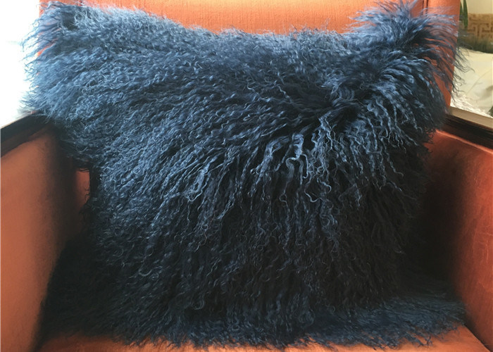 Mongolian fur Pillow 2017 New Long Curly Tibet Lamb Wool Cushion Navy
