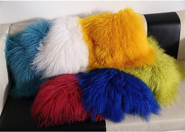 Red Blue 18 Inch Long Sheep Fur Pillow Mongolian Fur Outdoor