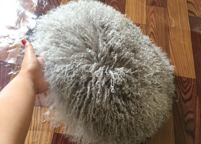 Single Sided Long Hair Mongolian Fur Pillow Light Grey Round / Rectangular Shape