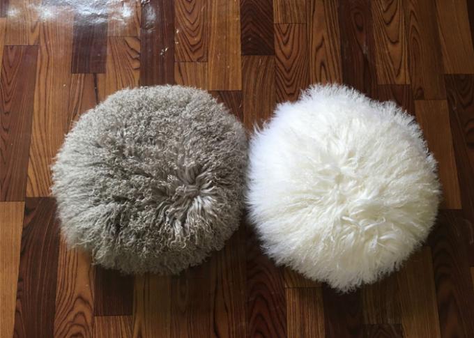 Single Sided Long Hair Mongolian Fur Pillow Light Grey Round / Rectangular Shape