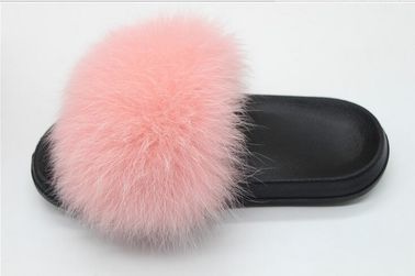 China Pink Fluffy Real Fox Fur Slippers Soft Anti Slip EVA Sole With 5-11 UK Sizes supplier