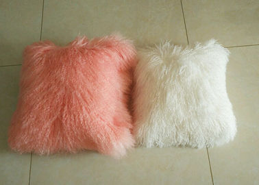 China Mongolian fur Pillow Long Lamb Wool Cushion Genuine Tibet Curly Fur Pillow Pink supplier