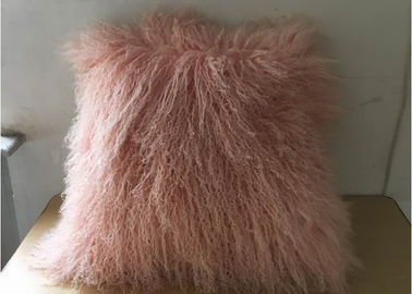 China Household Fluffy Pink Mongolian Fur Pillow With Silky Long Curly Hair supplier