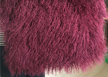 China Wine Color Small Sheepskin Throw , Long Hair Windproof Tibetan Lamb Fur Pelts  supplier