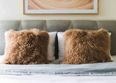 China Real Mongolian Sheepskin Brown Throw PIllow Double Sided Fur with long hair supplier