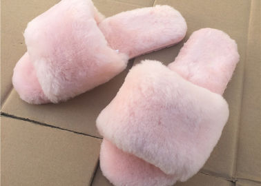 China Pink / Gray Ladies Open Toe Sheepskin Slippers With Soft Rubber Sole supplier
