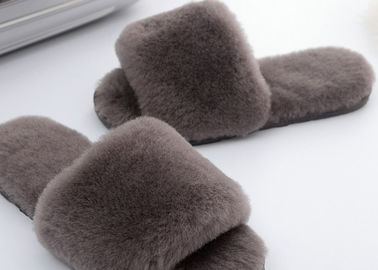 China Light Grey Lambswool Fluffy Flip Flop Slippers , Women'S Backless Sheepskin Slippers supplier