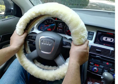 China Car Accessories Beige Sheepskin Steering Wheel Cover With Customized Size / Logo supplier