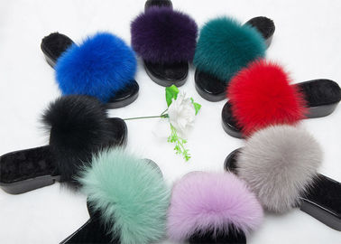 China Ladies Luxury Fox Fur Cute Fuzzy Slippers , Indoor Ladies Fur Slippers  supplier
