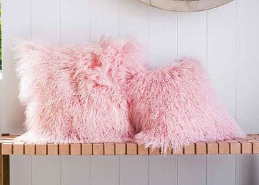 China Candy Pink Long Mongolian Sheepskin Decorative Throw Pillow With Single Sided Fur supplier